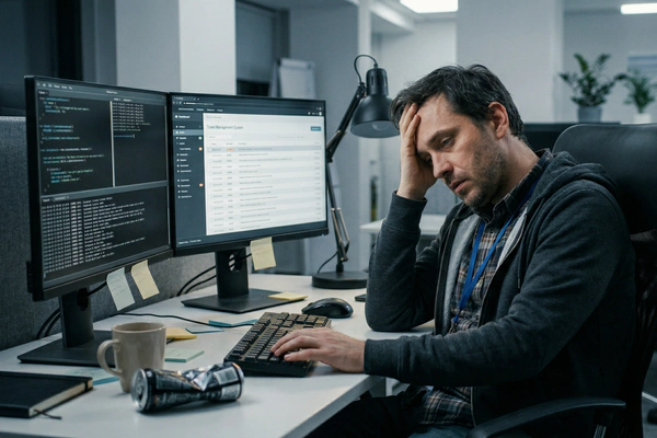 The Language Barrier Frustrated IT professional looking at a screen